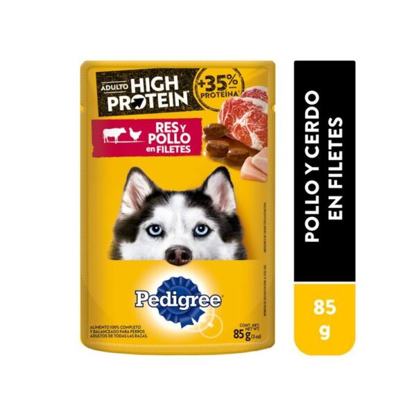 PEDIGREE HIGH PROTEIN POUCH RES Y POLLO 85G